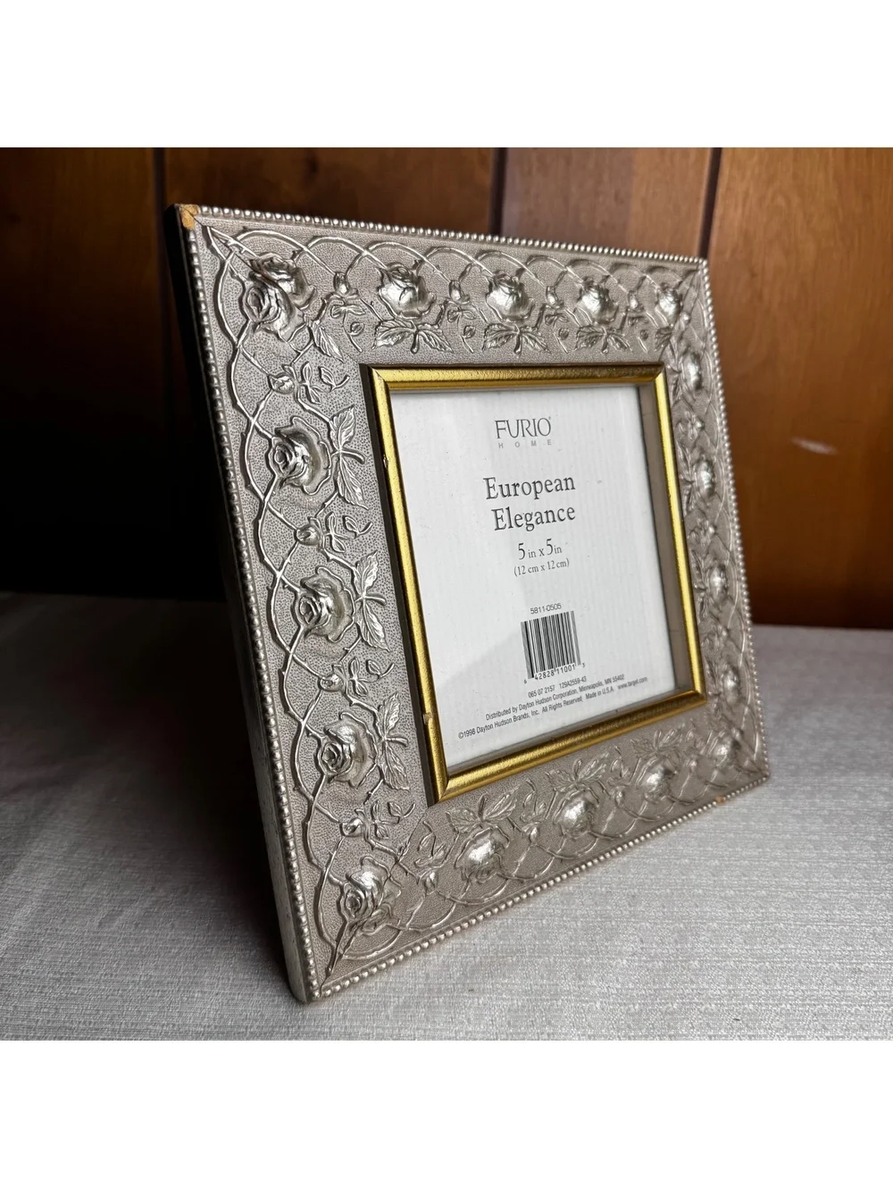 Vintage Furio Home 5x5 Silver Tone Rose Embossed Picture Frame Gold Trim